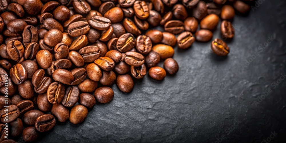 High-quality coffee beans on dark background, with beans slightly cracked and scattered High-quality coffee beans on dark background, with beans slightly cracked and scattered
