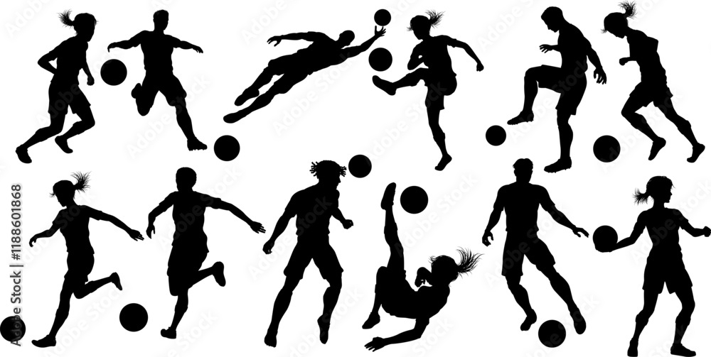Soccer football player male and female silhouette men and women set Soccer football player male and female silhouette men and women set