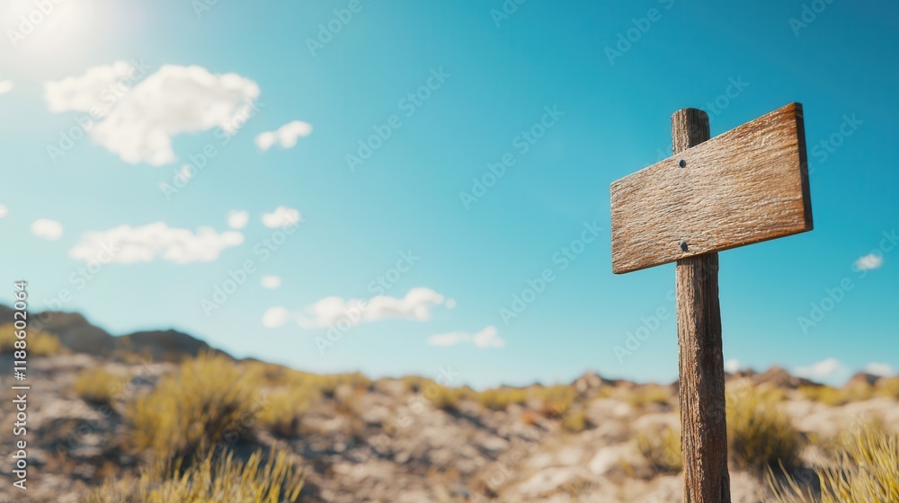 A rustic wooden sign stands in a vast, sunny landscape, surrounded by dry grass and under a clear blue sky, suggesting an outdoor adventure or trail. A rustic wooden sign stands in a vast, sunny landscape, surrounded by dry grass and under a clear blue sky, suggesting an outdoor adventure or trail.