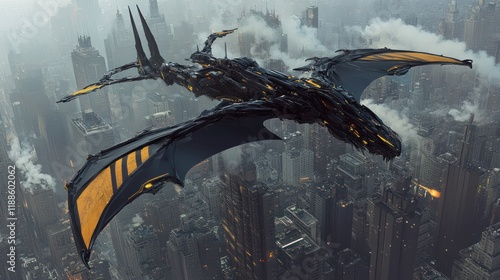 Dragon-ship flying over futuristic city, smog, aerial view, game asset photo