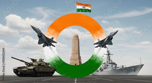 Patriotic tribute with fighter jet, naval ship, and tank under Indian tricolor circle for Republic Day military pride
