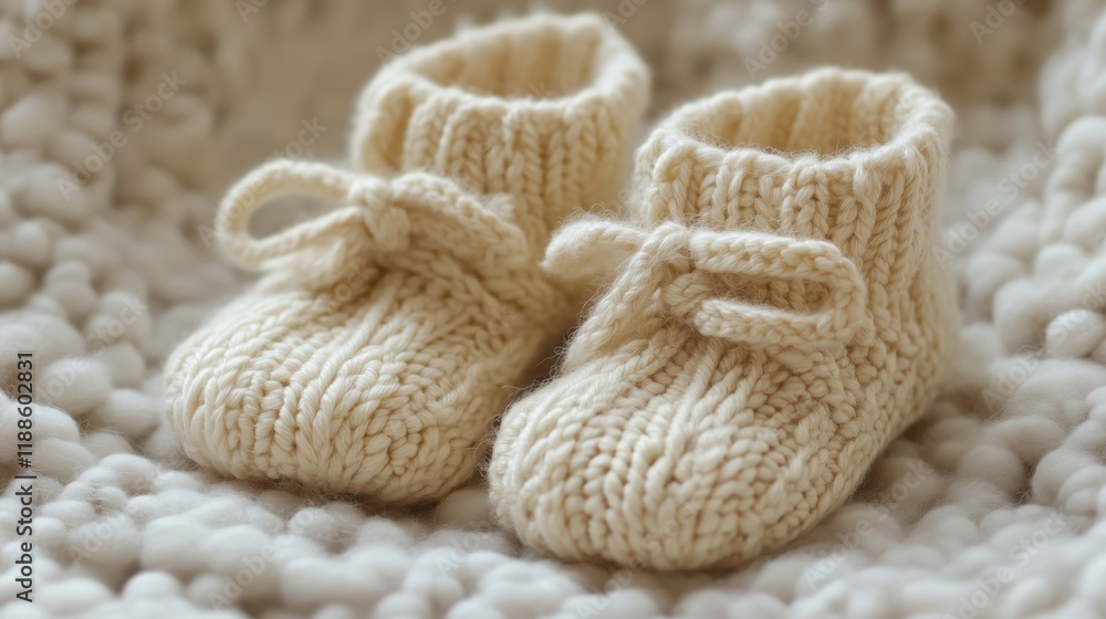 Delicately knitted bootees for newborns are displayed on a gentle background, evoking tenderness and perfect for baby-themed presentations. Delicately knitted bootees for newborns are displayed on a gentle background, evoking tenderness and perfect for baby-themed presentations.