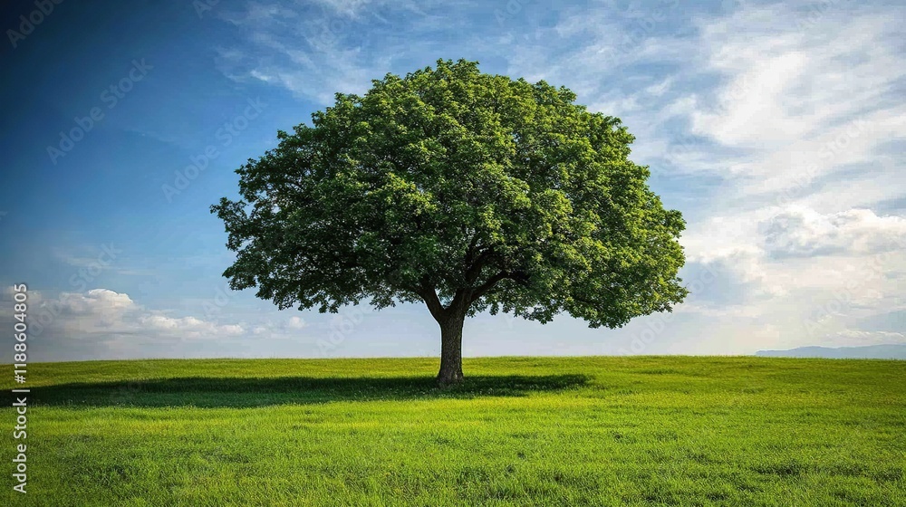 Fototapeta premium Single tree on green field under blue sky.