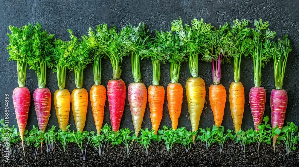 Colorful Carrots Growing in Rich Dark Soil Colorful Carrots Growing in Rich Dark Soil