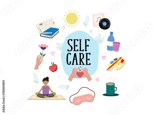 collection self care icon sleeping mask diary letter yourself water cute sock coffee herbal tea love relax life female body mental health illustration