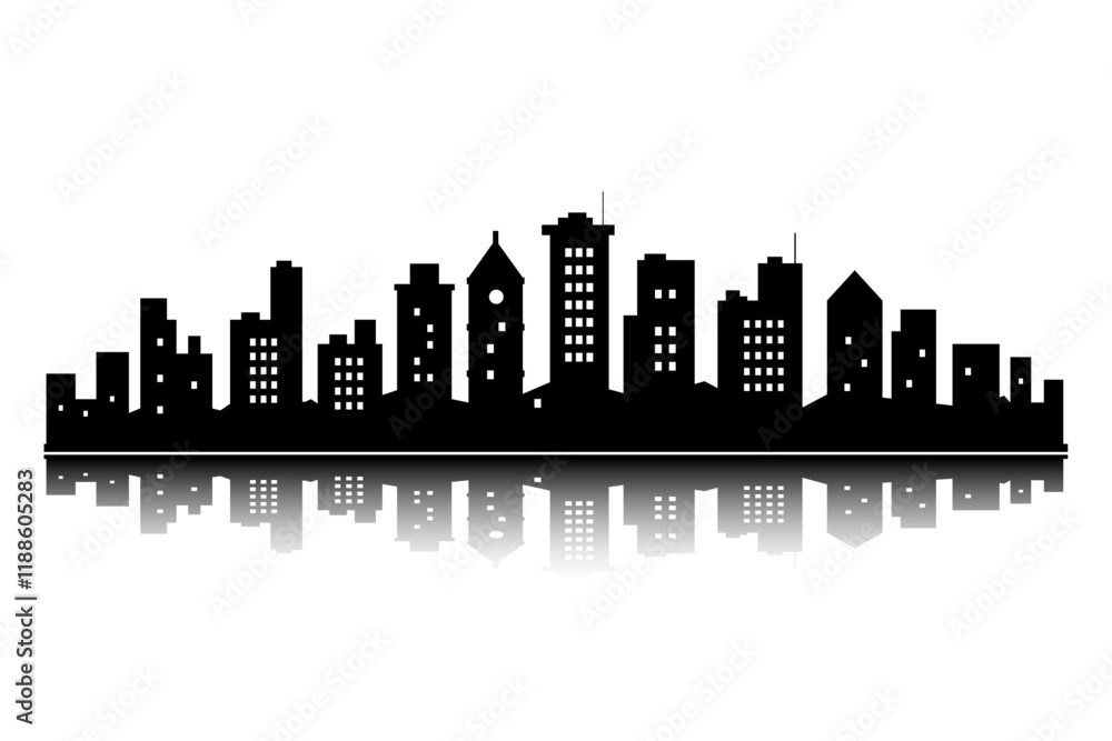 Naklejka premium vector design of black city silhouette of tall houses with roofs and windows and reflection below
