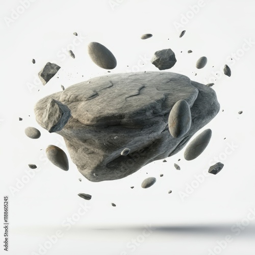 Floating rocks, levitating stones, gravity-defying pebbles, surreal geology, ethereal lighting, soft shadows, minimalist composition, beige background, high contrast, photorealistic render, 3D modelin photo