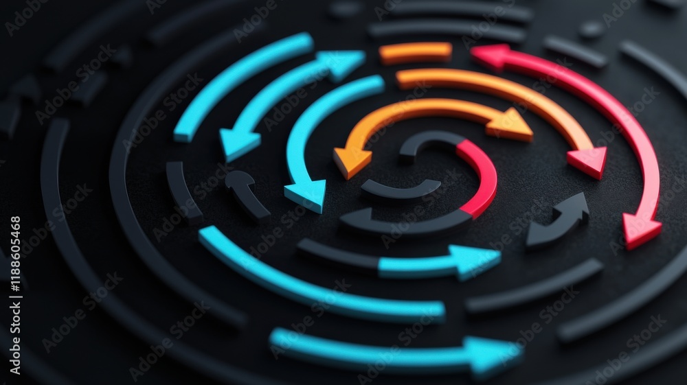 spending debt strategy concept. Colorful arrows in a swirling pattern on a dark background symbolizing movement and direction. spending debt strategy concept. Colorful arrows in a swirling pattern on a dark background symbolizing movement and direction.