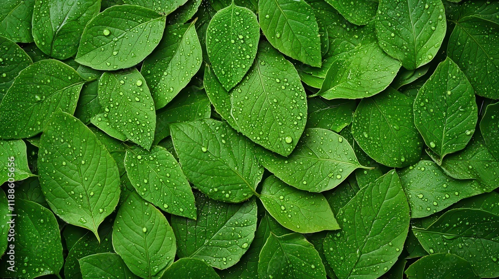 Fototapeta premium A vibrant arrangement of green leaves with droplets of water, showcasing nature's beauty and freshness.