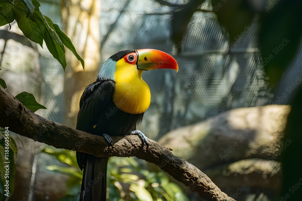 Fototapeta premium Colorful toucan perched on a branch in a lush green habitat during daylight