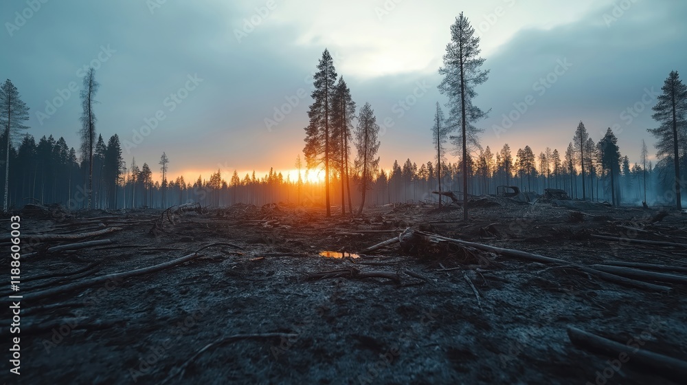 Fototapeta premium Burnt forest landscape. Dead trees lie scattered across scorched earth. Sunset paints remaining trees with warm hues. Bleak scene of devastation. Nature after fire. Survival story in ruined landscape.