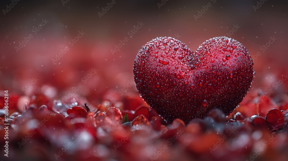 Heart-shaped object surrounded by red gems and droplets. Heart-shaped object surrounded by red gems and droplets.