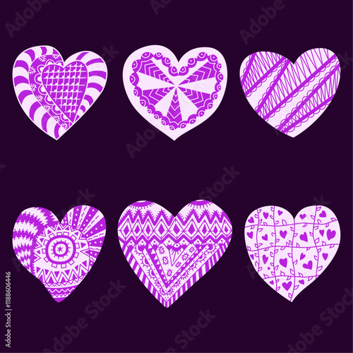 Hand drawn hearts with intricate purple doodle patterns on a dark background. For Valentine's Day, greeting cards, invitations, fabric designs, or creative digital projects Doodle hearts