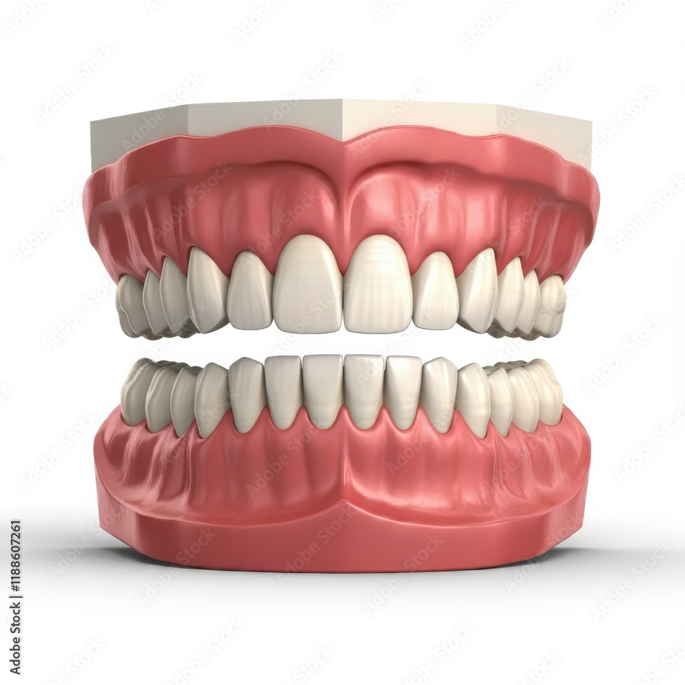Obraz premium Dental model, full set of teeth, realistic gums, 3D render, anatomical detail, dental education, oral hygiene, white teeth, pink gums, close-up view, medical illustration, dental prosthetics, high res