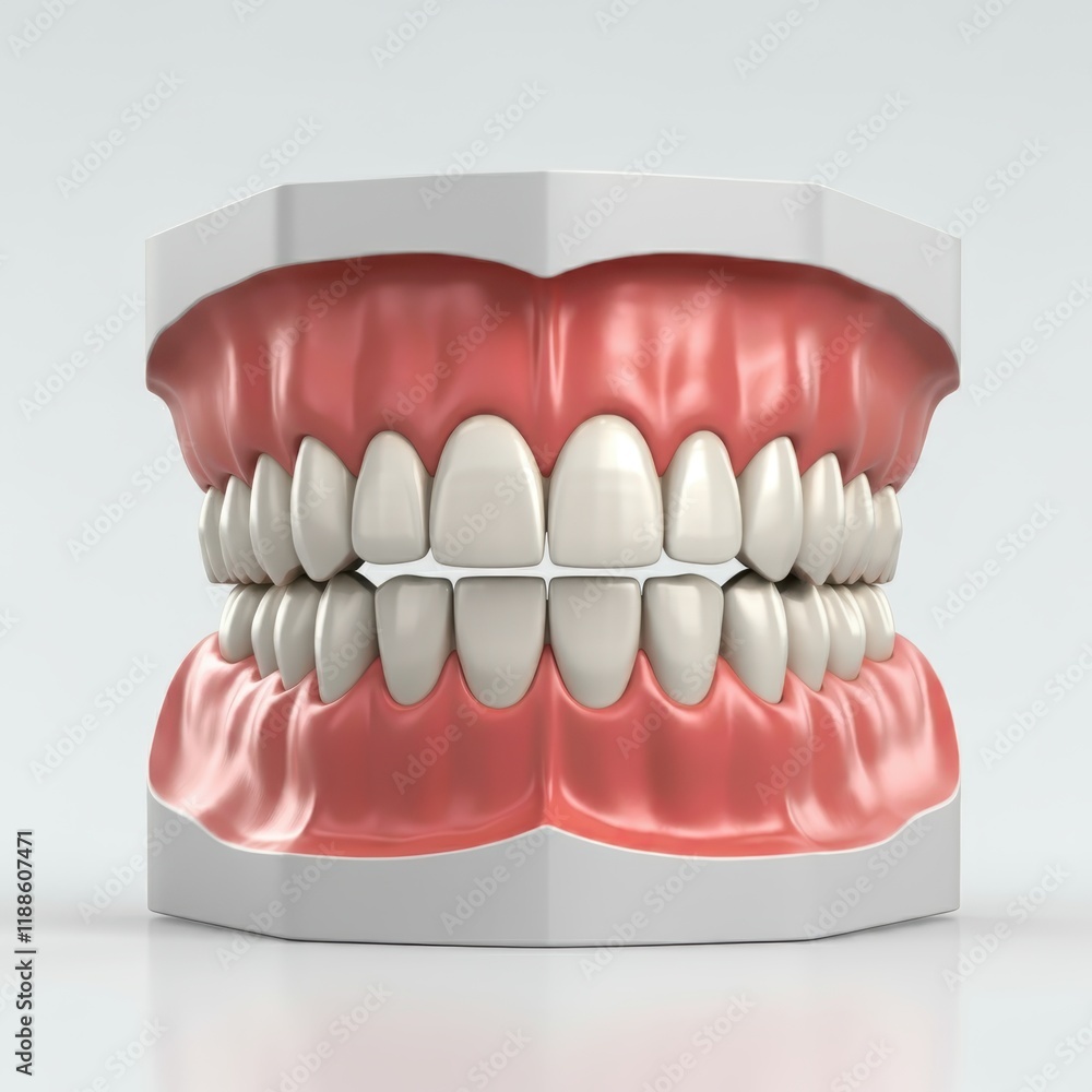 Hyperrealistic dentures, detailed gums and teeth, anatomical model, dental prosthetics, pink gums, white teeth, medical illustration, 3D render, studio lighting, high contrast, sharp focus, glossy tex Hyperrealistic dentures, detailed gums and teeth, anatomical model, dental prosthetics, pink gums, white teeth, medical illustration, 3D render, studio lighting, high contrast, sharp focus, glossy tex