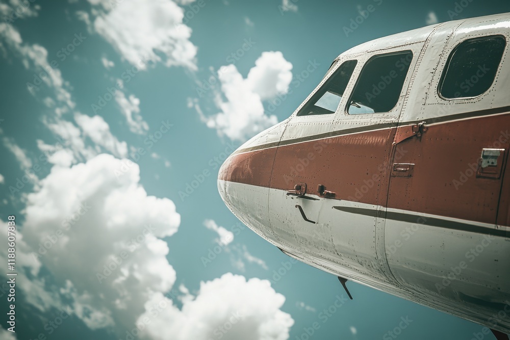 Close-Up View of an Airplane Nose Captured in Mid-Flight under Dramatic Lighting with Fluffy Clouds in the Background, Showcasing Aviation and Sky Exploration Close-Up View of an Airplane Nose Captured in Mid-Flight under Dramatic Lighting with Fluffy Clouds in the Background, Showcasing Aviation and Sky Exploration