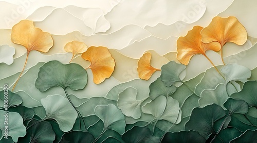 Elegant Ginkgo Leaves with Golden Accents on Layered Textured Background Nature Inspired Artwork