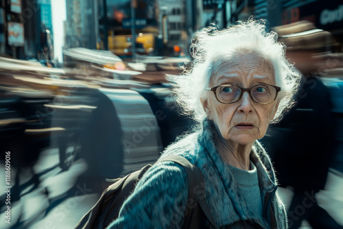 Portrait of an old woman with white hair and glasses walking down the street, looking at the camera  photo