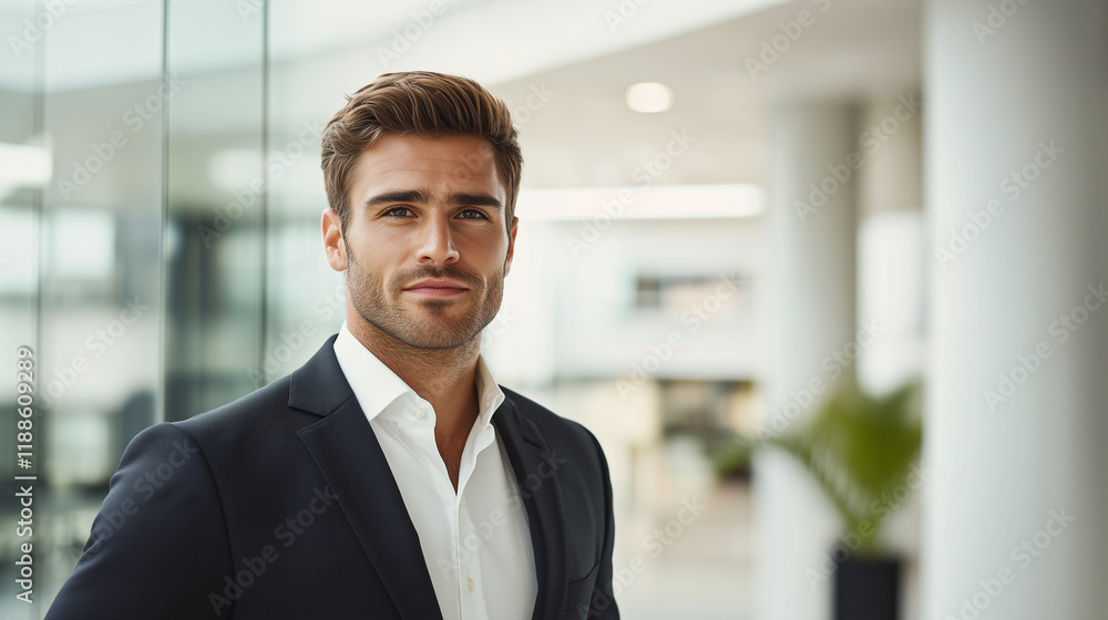 Confident young professional standing in modern office background Confident young professional standing in modern office background