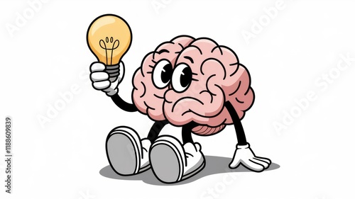 Mascot Logo of a Cartoon Brain Wearing Gloves and White Shoes, Holding a Light Bulb on a White Background Generative AI photo