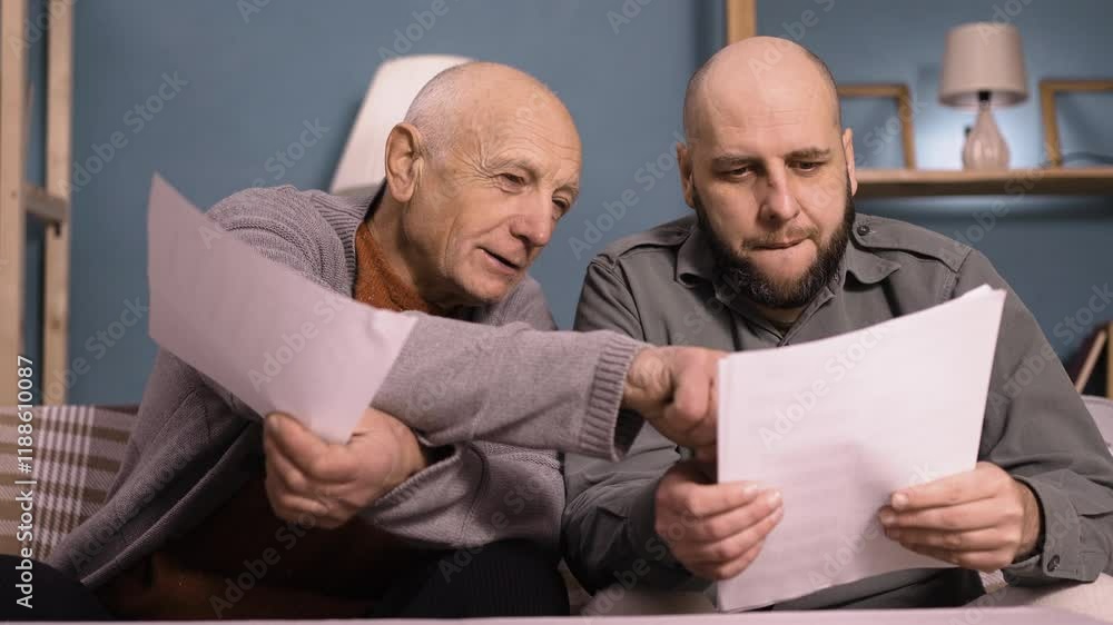 Senior man with his son checking bills, debt and taxes. home budget concept Senior man with his son checking bills, debt and taxes. home budget concept