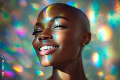 Commercial digital ads idea. Attractive happy black girl - for ads, flyer and web marketing use. Short trim - bald head - no hair. African american beauty inspiration. Black girl bold look. photo