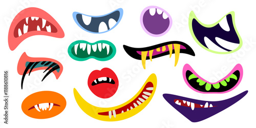 Funny cartoon monster mouth. Creature lips with teeth and fangs. Mouth masks for Halloween. Vector illustration isolated on white background.