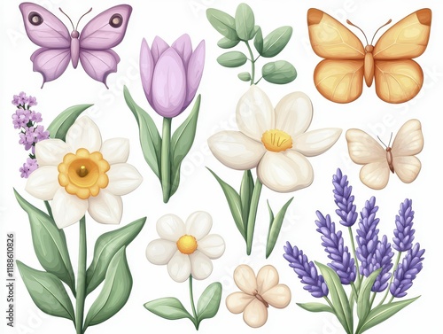 The flowers bloom in spring Colorful butterflies and flowers in a whimsical design.