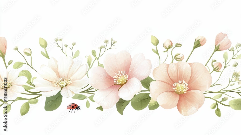 Fototapeta premium The flowers bloom in spring Delicate pink flowers with a ladybug illustration.