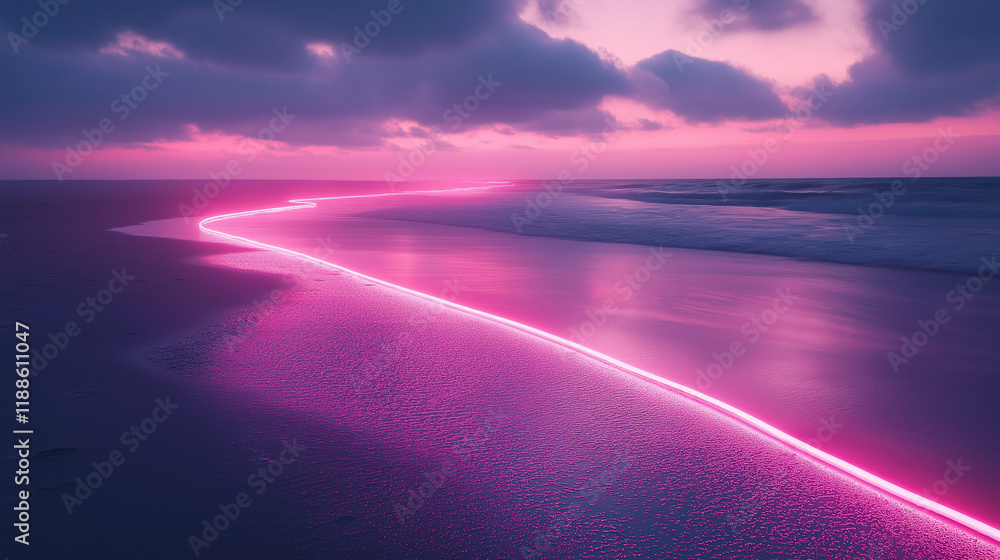 Fototapeta premium Pink neon lights on the beach, a dark sky, dark sand, and ocean waves.
