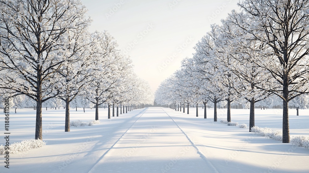 Snowy road lined with snow-covered trees on a bright winter day. Snowy road lined with snow-covered trees on a bright winter day.
