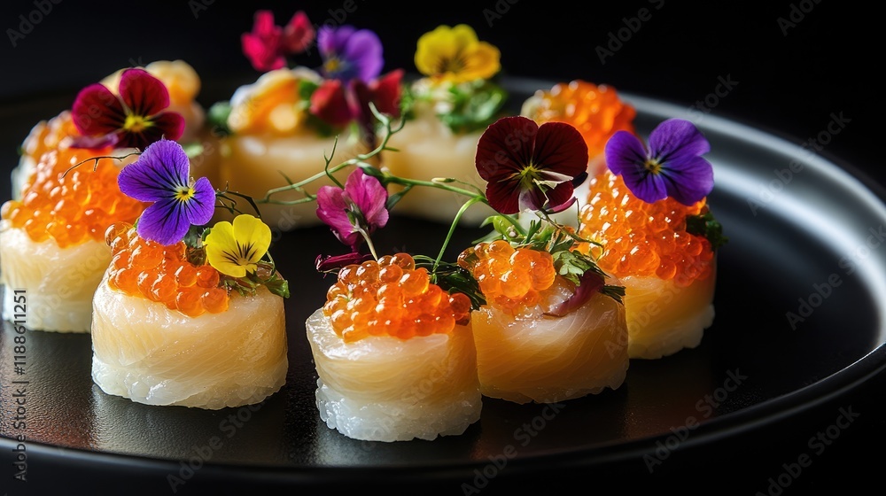 A gourmet sushi platter featuring elegant rolls topped with fish roe and edible flowers, creating a luxurious look A gourmet sushi platter featuring elegant rolls topped with fish roe and edible flowers, creating a luxurious look