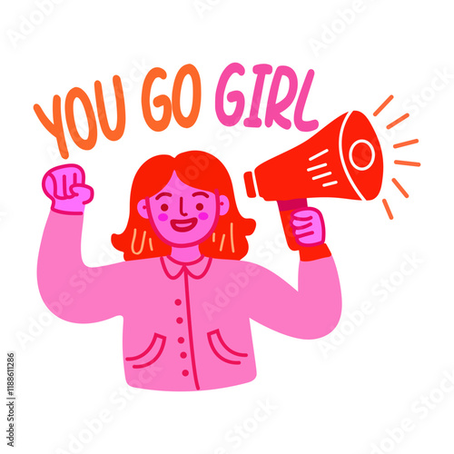 Flat sticker depicting an activist holding megaphone with you go girl text
