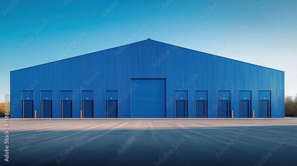 Fototapeta premium Large blue industrial building stands on paved area under bright clear sky. Multiple garage doors visible. Modern structure with simple design. Commercial property. Exterior shot on sunny day. Empty