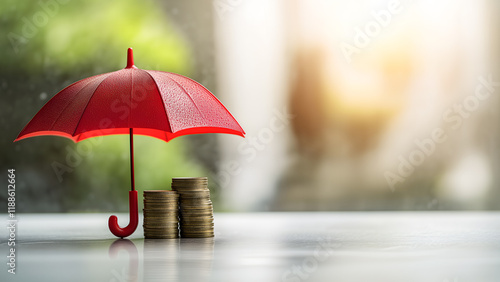 Wallpaper Mural Small red umbrella over pile of coins on table. Financial safety and money savings concept Torontodigital.ca