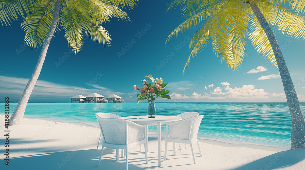 Resort beach, white table set