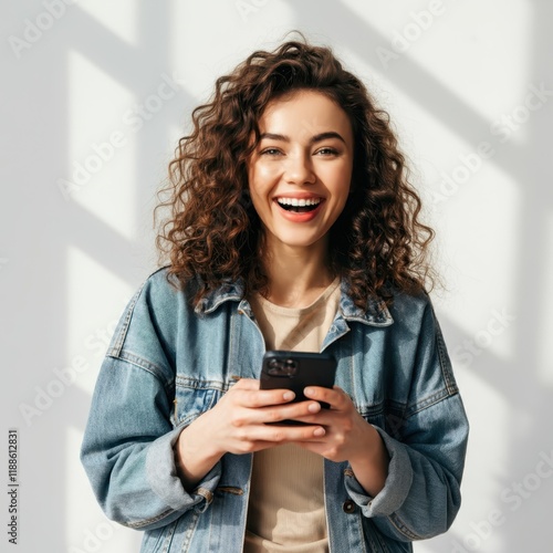 Smiling woman, curly dark hair, denim jacket, casual outfit, holding smartphone, white background, natural lighting, friendly expression, young adult, candid pose, warm tones, lifestyle portrait, auth photo