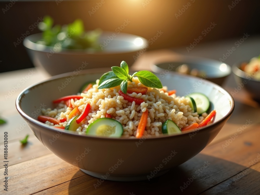 Refined harmony in a colorful grain bowl featuring fresh vegetables and herbs on a wooden table during golden hour Refined harmony in a colorful grain bowl featuring fresh vegetables and herbs on a wooden table during golden hour