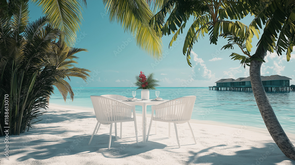 Resort beach, white table set