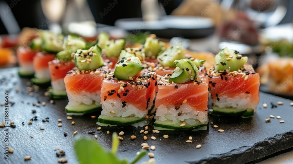 A gourmet sushi arrangement with intricately rolled spicy tuna and cucumber slices, served on a slate platter A gourmet sushi arrangement with intricately rolled spicy tuna and cucumber slices, served on a slate platter