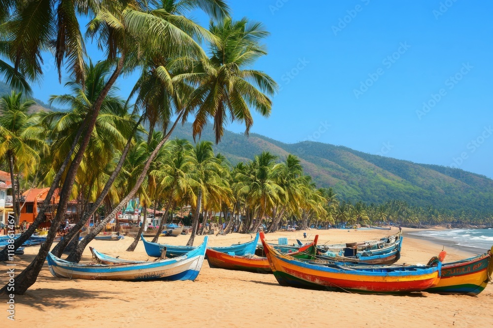 Tranquil Morning at Tree-Lined Beach with Small Fishing Boats Anchored Under Bright Sunlight and Majestic Mountains in Distance Tranquil Morning at Tree-Lined Beach with Small Fishing Boats Anchored Under Bright Sunlight and Majestic Mountains in Distance
