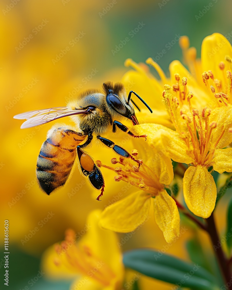 Bee Pollinates Vibrant Yellow Flowers in a Sunny Garden Showcasing the Beauty of Nature in Full Bloom During Springtime Bee Pollinates Vibrant Yellow Flowers in a Sunny Garden Showcasing the Beauty of Nature in Full Bloom During Springtime