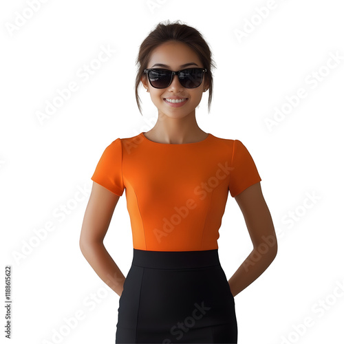 Front view of an extremely beautiful young Indian woman dressed in a vibrant peplum top and a fitted pencil skirt, isolated on a white transparent background photo