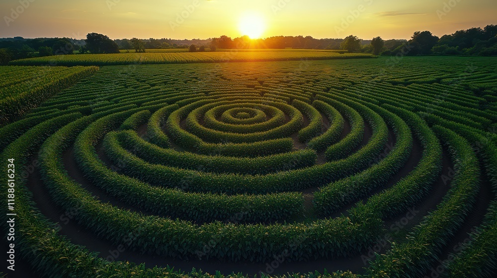 Enchanting Sunset Over a Spiral Maze Pattern in a Lush Cornfield Landscape Enchanting Sunset Over a Spiral Maze Pattern in a Lush Cornfield Landscape