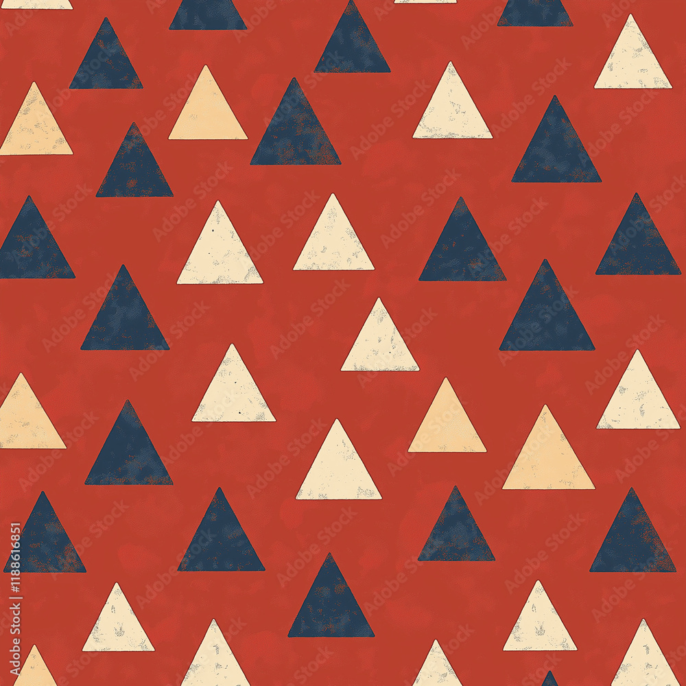 A flat vector pattern of small triangles on a red background, suitable for wearing as a hat or scarf, with shades of blue and beige in the triangle shapes, giving it an Art Deco fe A flat vector pattern of small triangles on a red background, suitable for wearing as a hat or scarf, with shades of blue and beige in the triangle shapes, giving it an Art Deco fe
