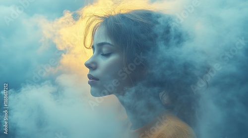 artistic photo of a woman whose face is covered in black smoke	
