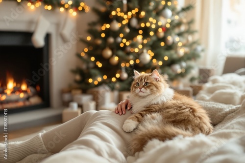 Fluffy cat resting on a cozy blanket, with a blurred Christmas tree and warm fireplace in the background, creating a festive and tranquil mood photo