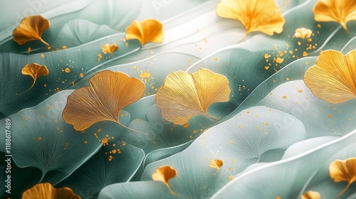 Elegant golden ginkgo leaves float serenely across a textured teal and white background, creating a sense of peaceful movement and subtle shimmer photo