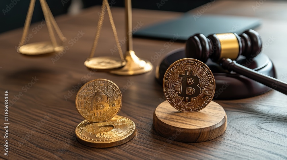 Golden Bitcoin Coins and Gavel on Wooden Table with Scales of Justice Golden Bitcoin Coins and Gavel on Wooden Table with Scales of Justice