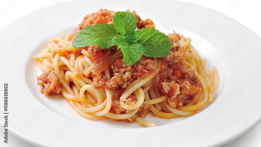 Stir-fried spaghetti on a white plate on the dining table Stir-fried spaghetti on a white plate on the dining table
